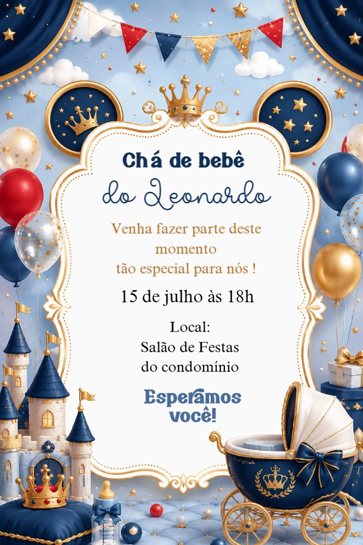 Convite Editável Chá de Bebê Príncipe Realeza Azul e Dourado Convite Editável Chá de Bebê Príncipe Realeza Azul e Dourado