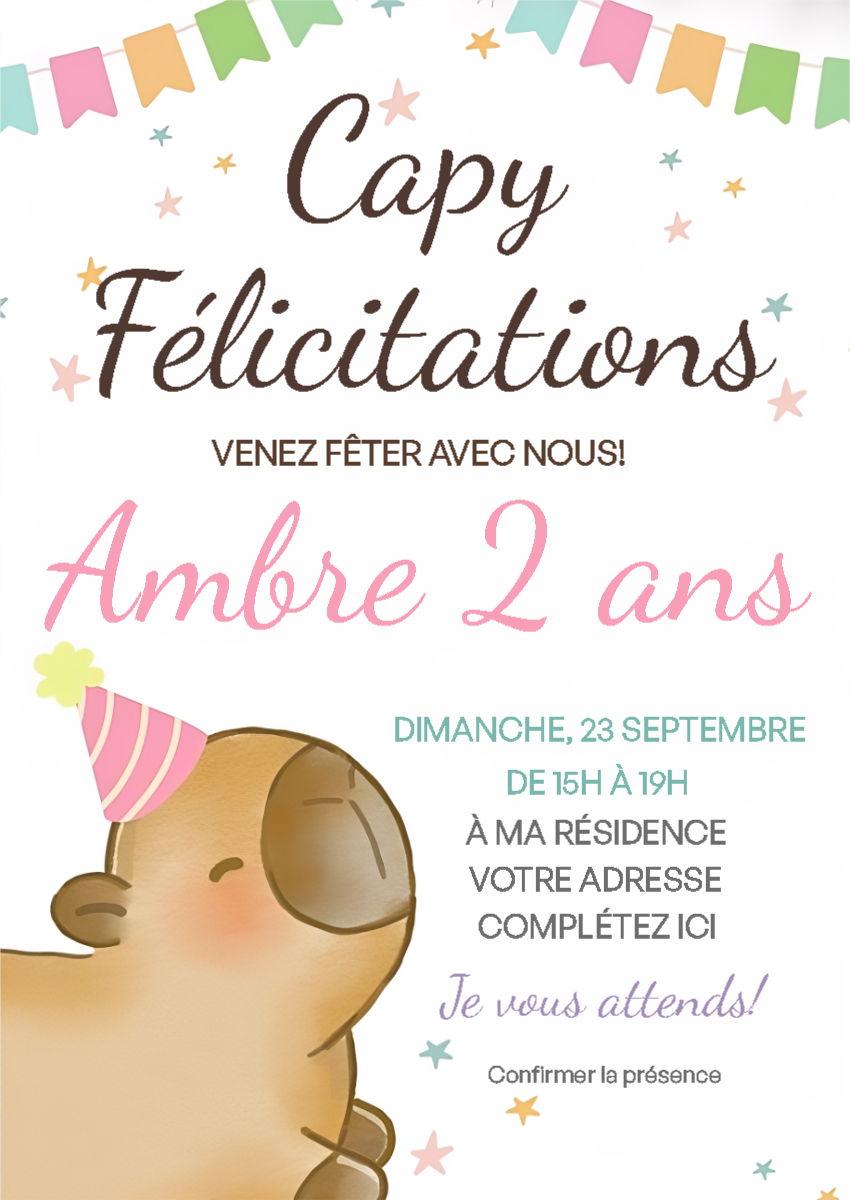 Invitation Anniversaire Capybara Mignon à Modifier en Ligne