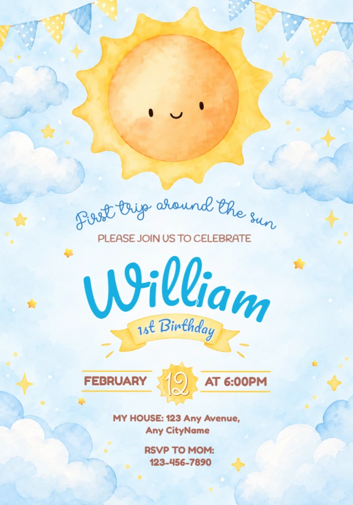 First Trip Around the Sun 1st Birthday Editable Invitation First Trip Around the Sun 1st Birthday Editable Invitation
