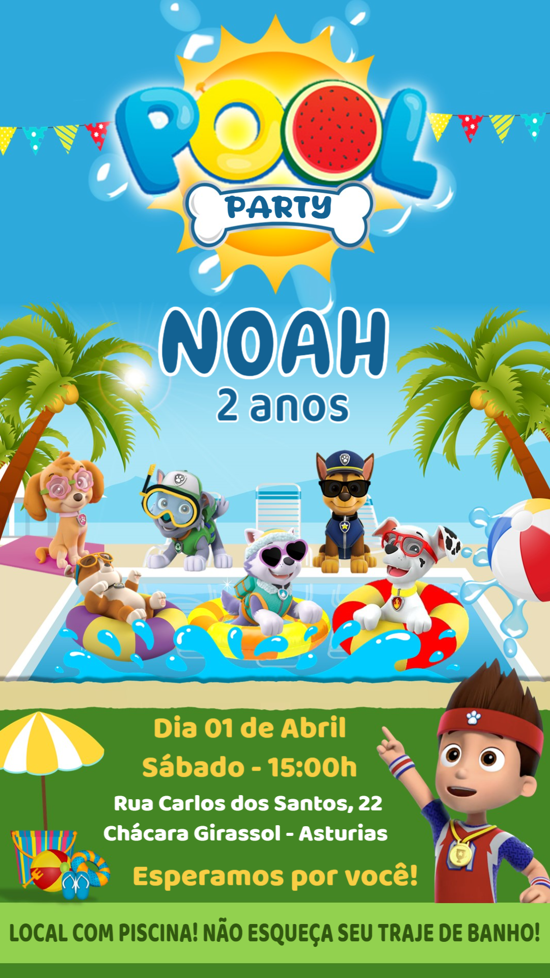 Convite Aniversário Patrulha Canina Pool Party para Editar Convite Aniversário Patrulha Canina Pool Party para Editar