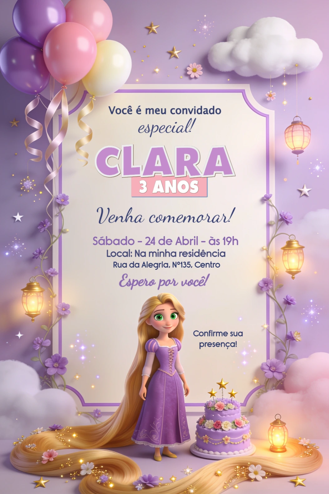 Convite de Aniversário Rapunzel Enrolados Lilás para Editar Convite de Aniversário Rapunzel Enrolados Lilás para Editar