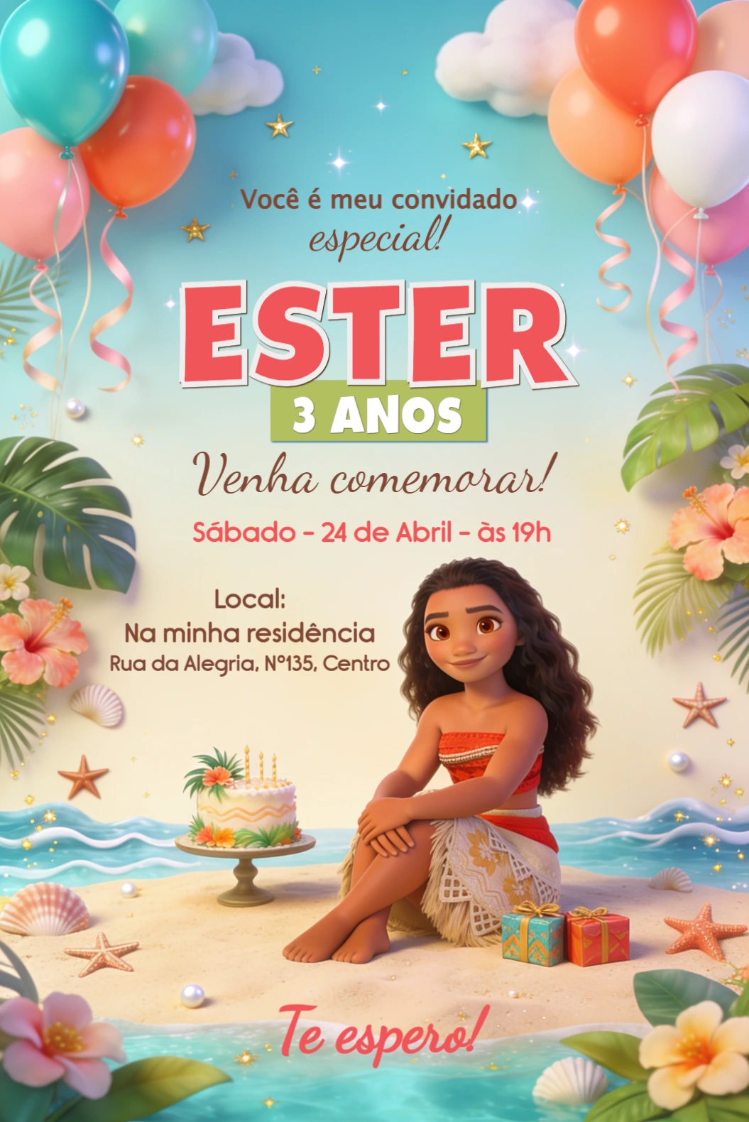 Convite de Aniversário Moana Tropical | Modelo Editável Convite de Aniversário Moana Tropical | Modelo Editável