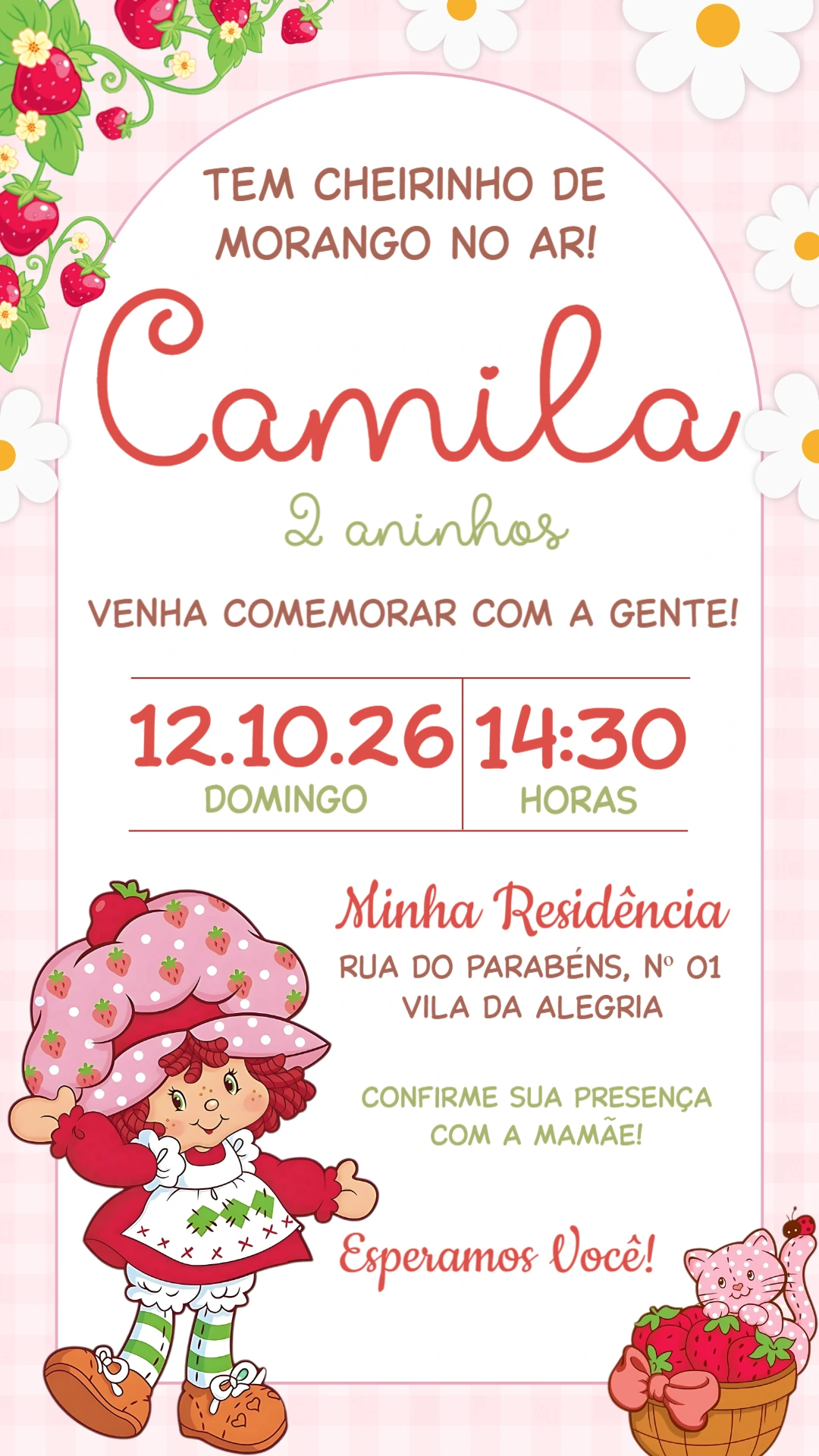 Convite de Aniversário Moranguinho Editável para Meninas Convite de Aniversário Moranguinho Editável para Meninas