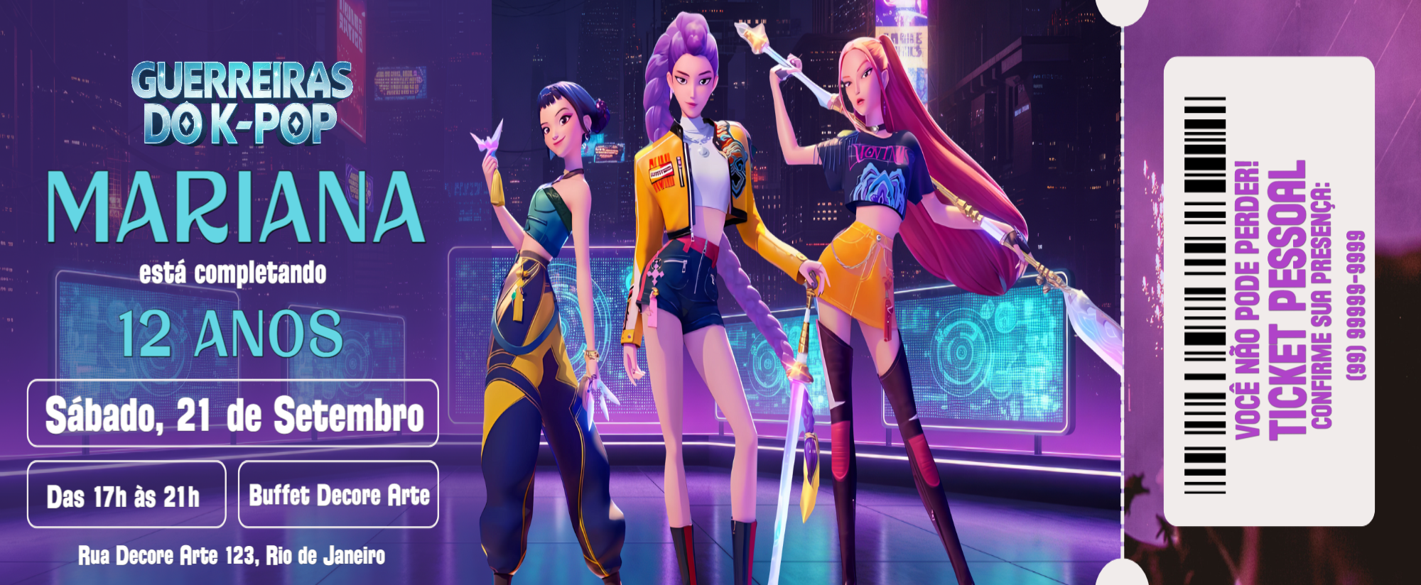 Convite Aniversário Guerreiras do K-pop Ticket para Editar Convite Aniversário Guerreiras do K-pop Ticket para Editar