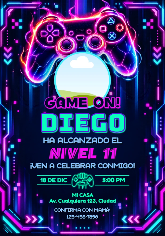 Invitación de Cumpleaños Gamer Neón para Editar Invitación de Cumpleaños Gamer Neón para Editar