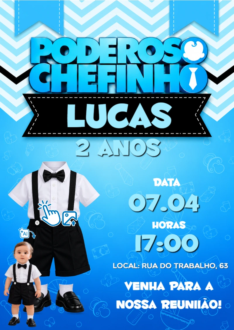 Convite Poderoso Chefinho: Vire o Chefinho com sua foto IA Convite Poderoso Chefinho: Vire o Chefinho com sua foto IA