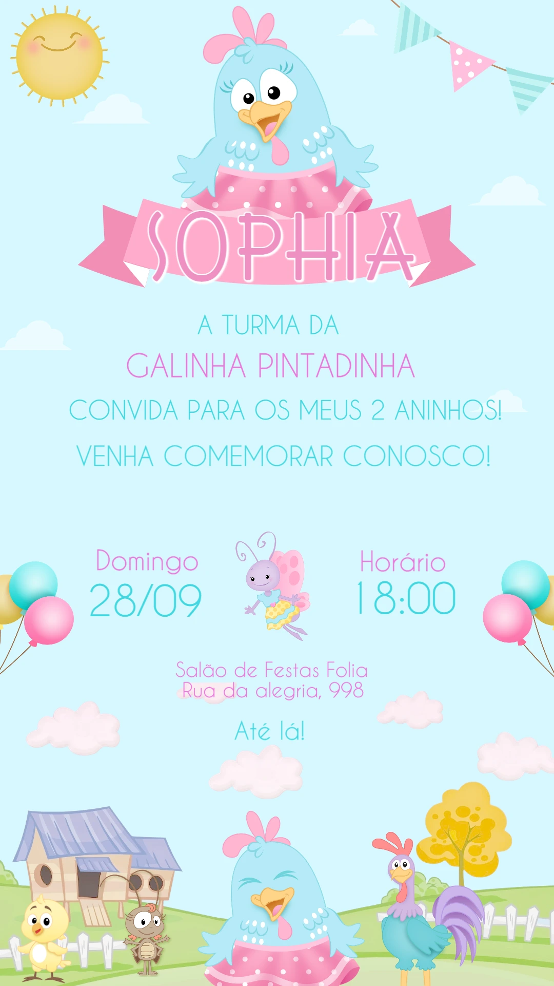 Convite de Aniversário Galinha Pintadinha Rosa Editável Convite de Aniversário Galinha Pintadinha Rosa Editável