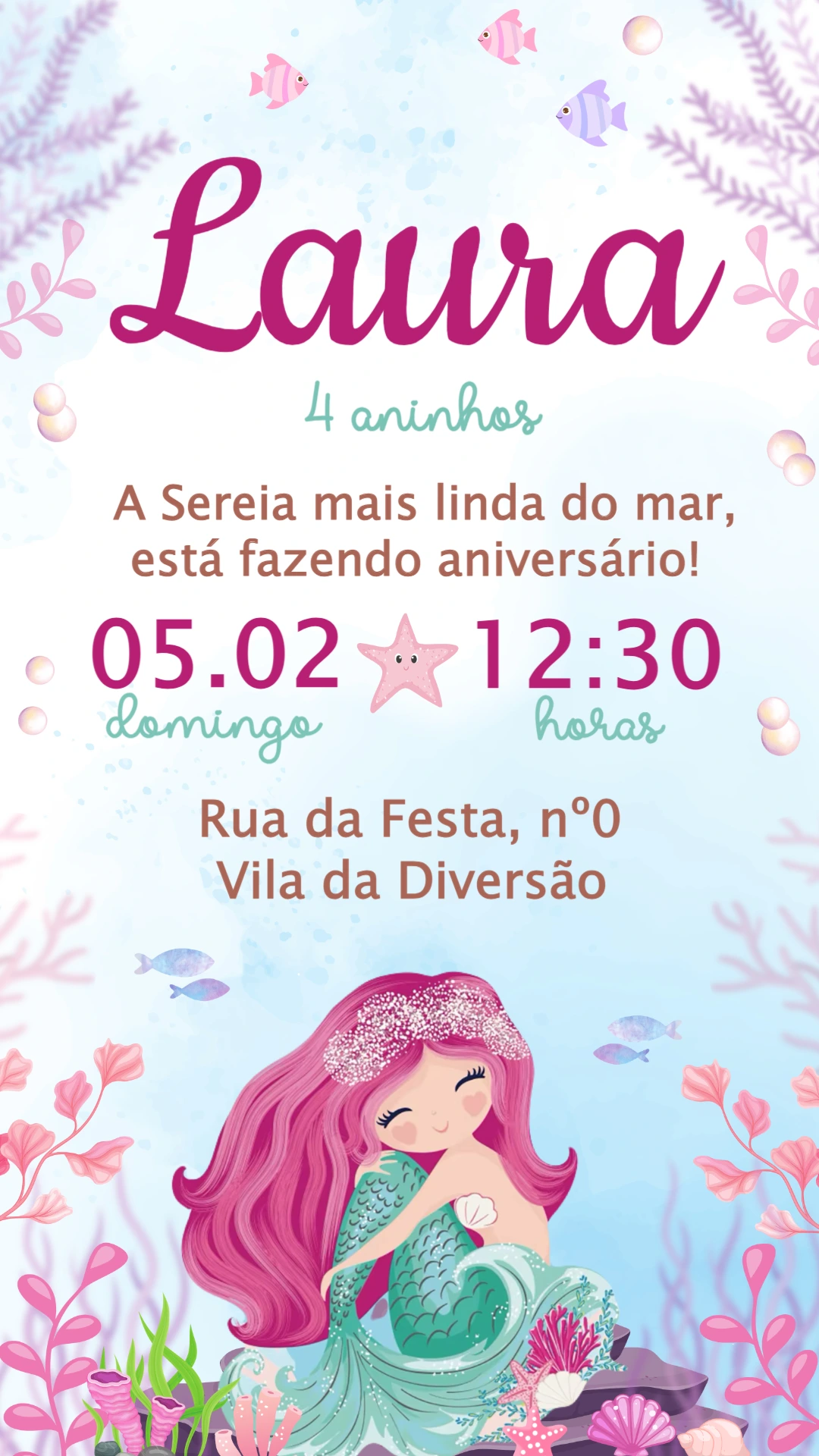 Convite de Aniversário Sereia Fundo do Mar | Modelo Editável Convite de Aniversário Sereia Fundo do Mar | Modelo Editável