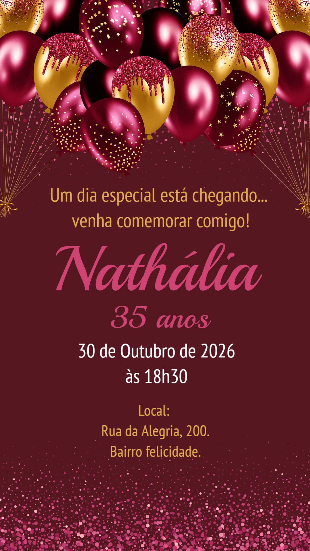Convite de Aniversário Feminino Rosa e Dourado para Editar Convite de Aniversário Feminino Rosa e Dourado para Editar