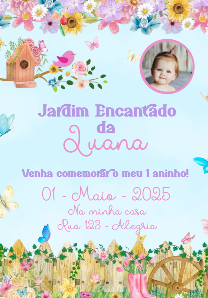 Convite Aniversário Jardim Encantado com Foto para Editar Online Convite Aniversário Jardim Encantado com Foto para Editar Online