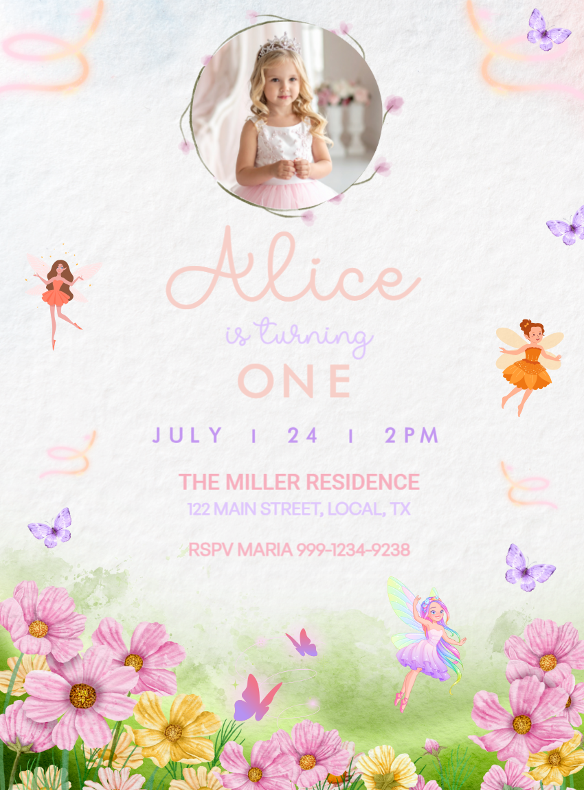 Editable Fairy Garden 1st Birthday Invitation with Photo Editable Fairy Garden 1st Birthday Invitation with Photo