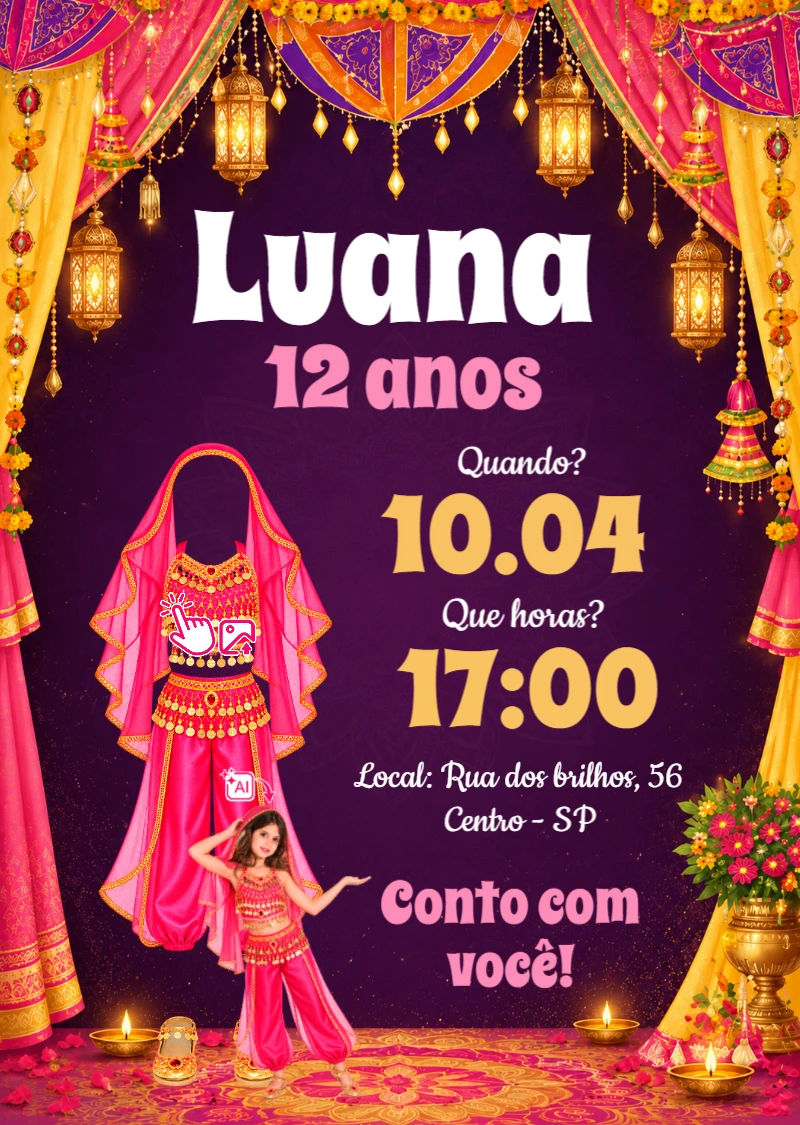 Convite Aniversário Indiano: Vire a Estrela da Festa com IA! Convite Aniversário Indiano: Vire a Estrela da Festa com IA!