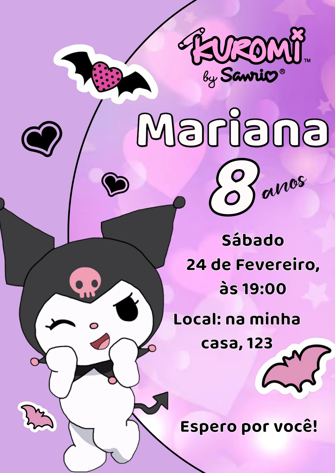 Convite de Aniversário Kuromi Editável - Modelo Digital Convite de Aniversário Kuromi Editável - Modelo Digital