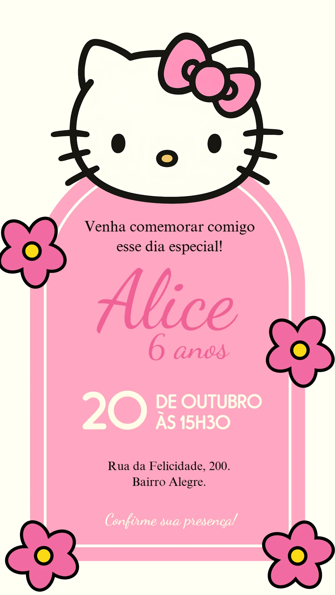 Convite de Aniversário Hello Kitty Rosa para Editar Convite de Aniversário Hello Kitty Rosa para Editar