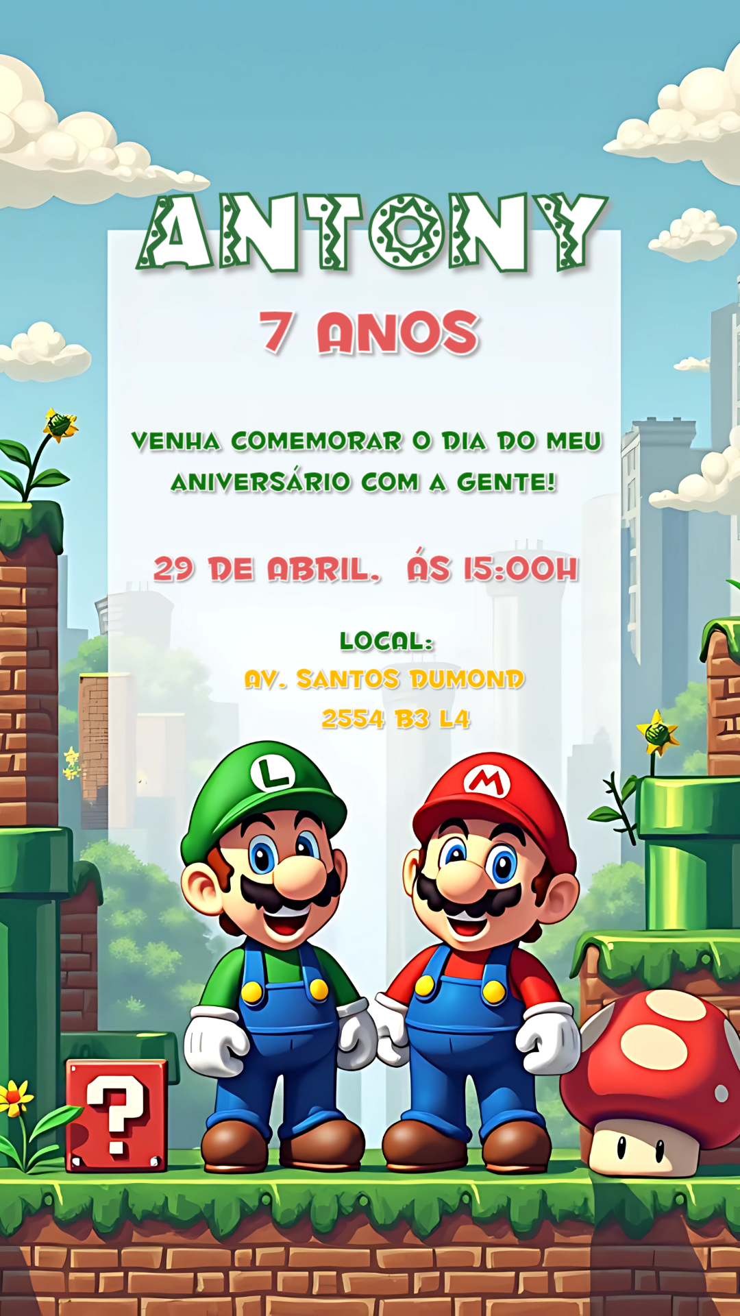 Convite de Aniversário Super Mario e Luigi para Editar Online Convite de Aniversário Super Mario e Luigi para Editar Online