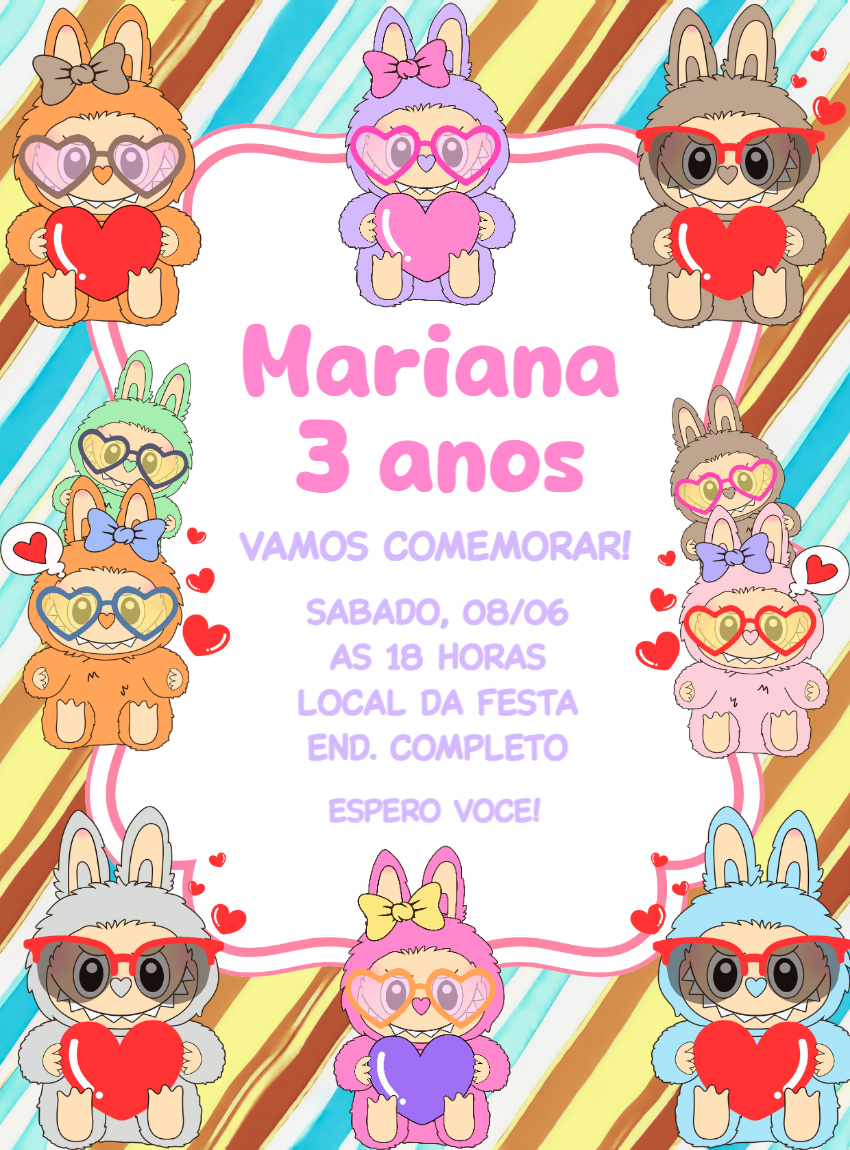 Convite Aniversário Labubu com Bonecos Fofos para Editar Online