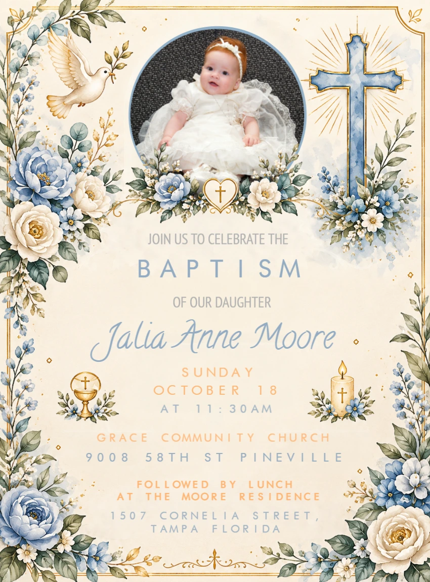 Elegant Girl Baptism Invitation with Photo - Editable Template Elegant Girl Baptism Invitation with Photo - Editable Template