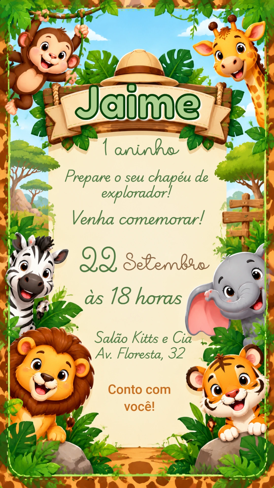 Convite de Aniversário Infantil Tema Safari Editável Convite de Aniversário Infantil Tema Safari Editável