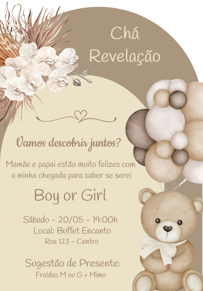 Convite Chá Revelação Ursinho Nude para Editar Online Convite Chá Revelação Ursinho Nude para Editar Online