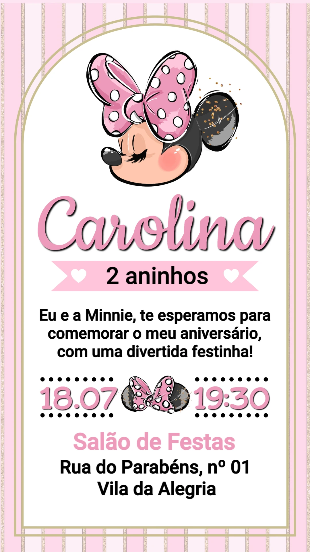 Convite Digital Minnie Rosa: Modelo Editável para Aniversário Infantil Convite Digital Minnie Rosa: Modelo Editável para Aniversário Infantil
