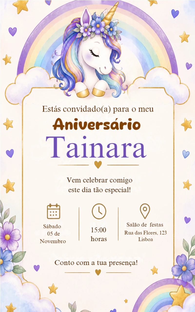 Convite de Aniversário Unicórnio Mágico Editável Convite de Aniversário Unicórnio Mágico Editável