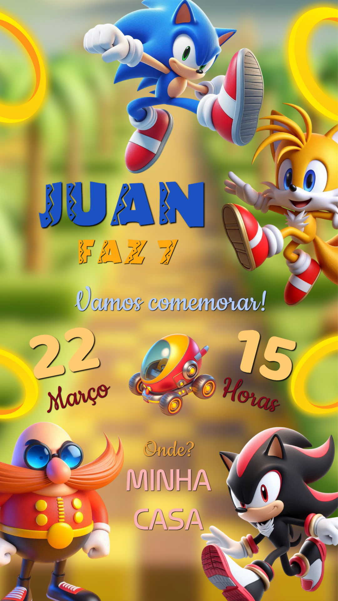 Convite de Aniversário Sonic com a Turma para Editar Online Convite de Aniversário Sonic com a Turma para Editar Online