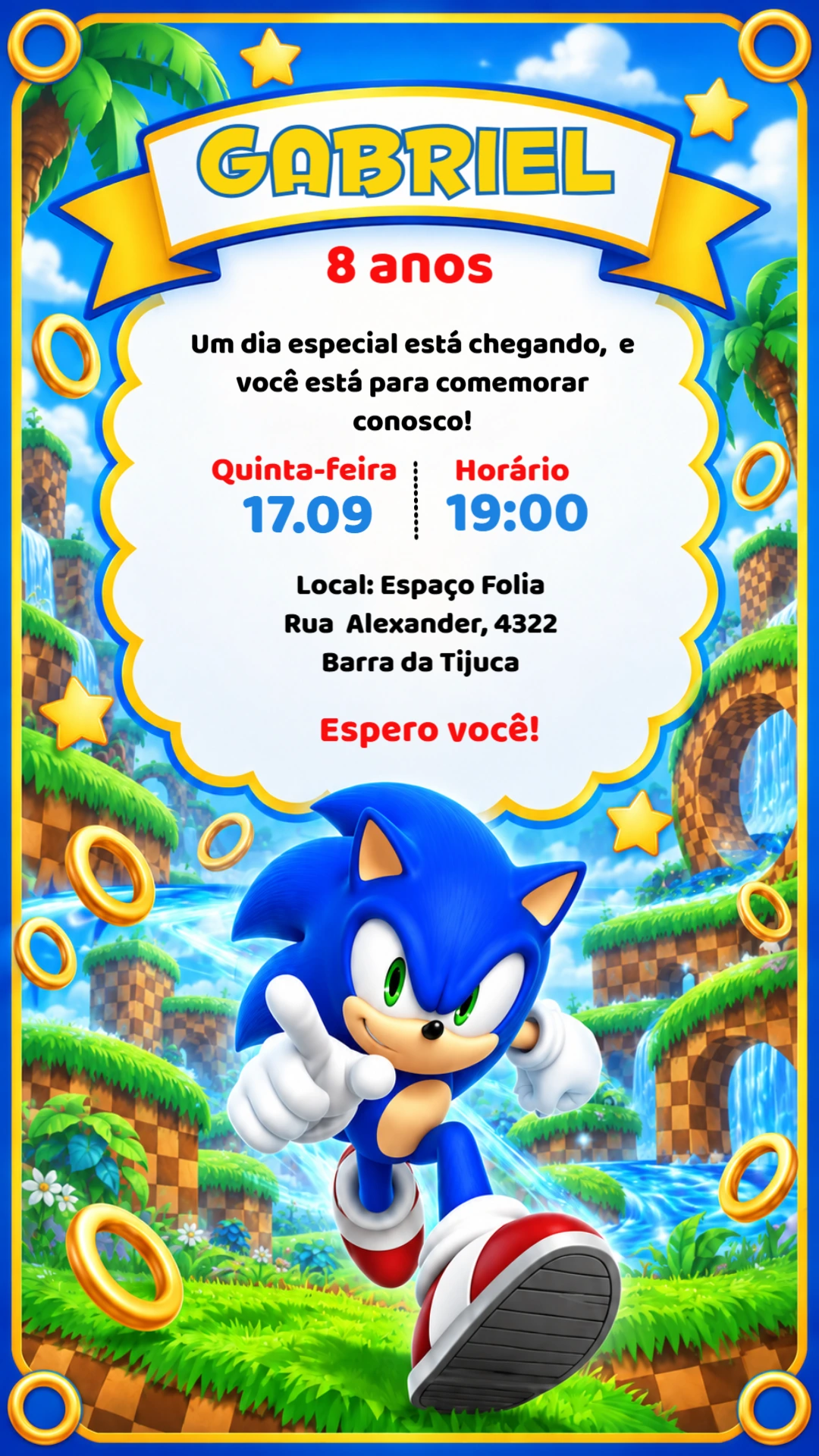 Convite Animado de Aniversário Sonic para Editar Online Convite Animado de Aniversário Sonic para Editar Online