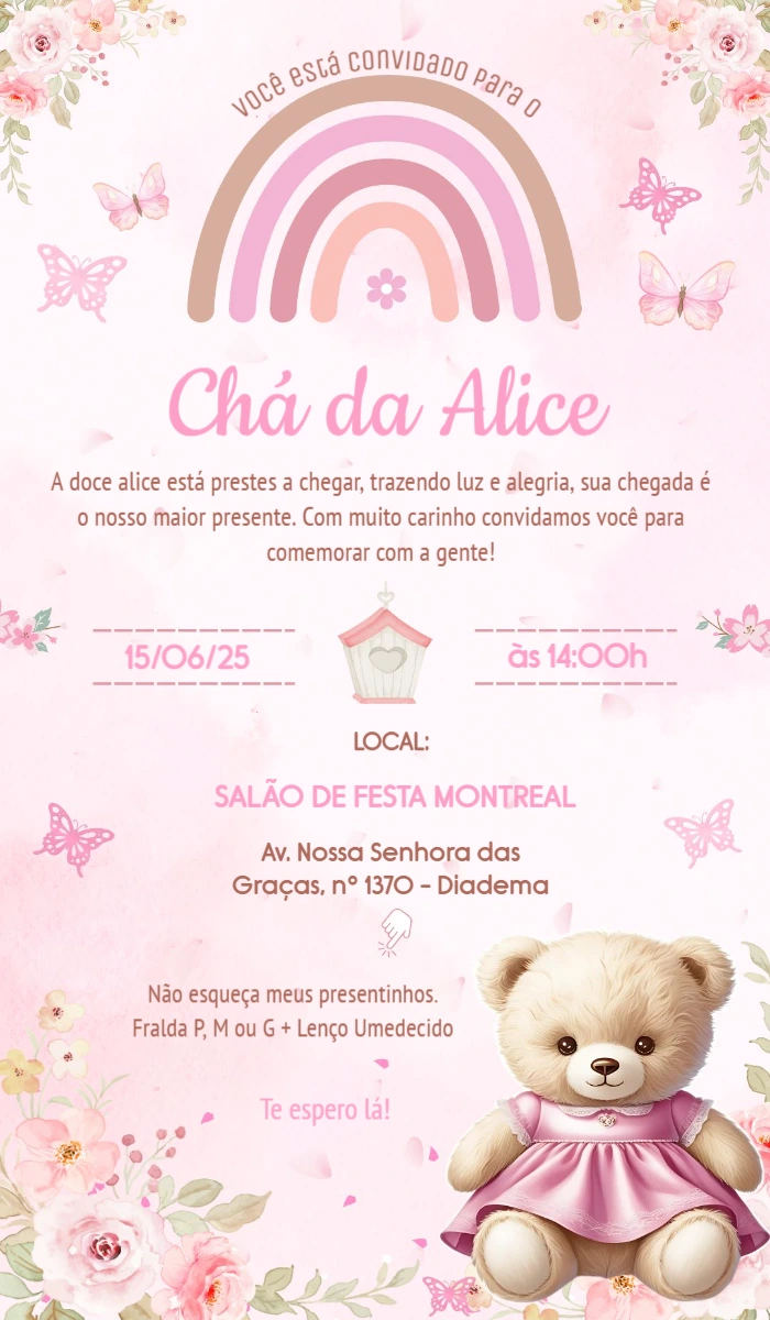 Convite Chá de Bebê Ursinha e Arco-íris Rosa Editável Convite Chá de Bebê Ursinha e Arco-íris Rosa Editável