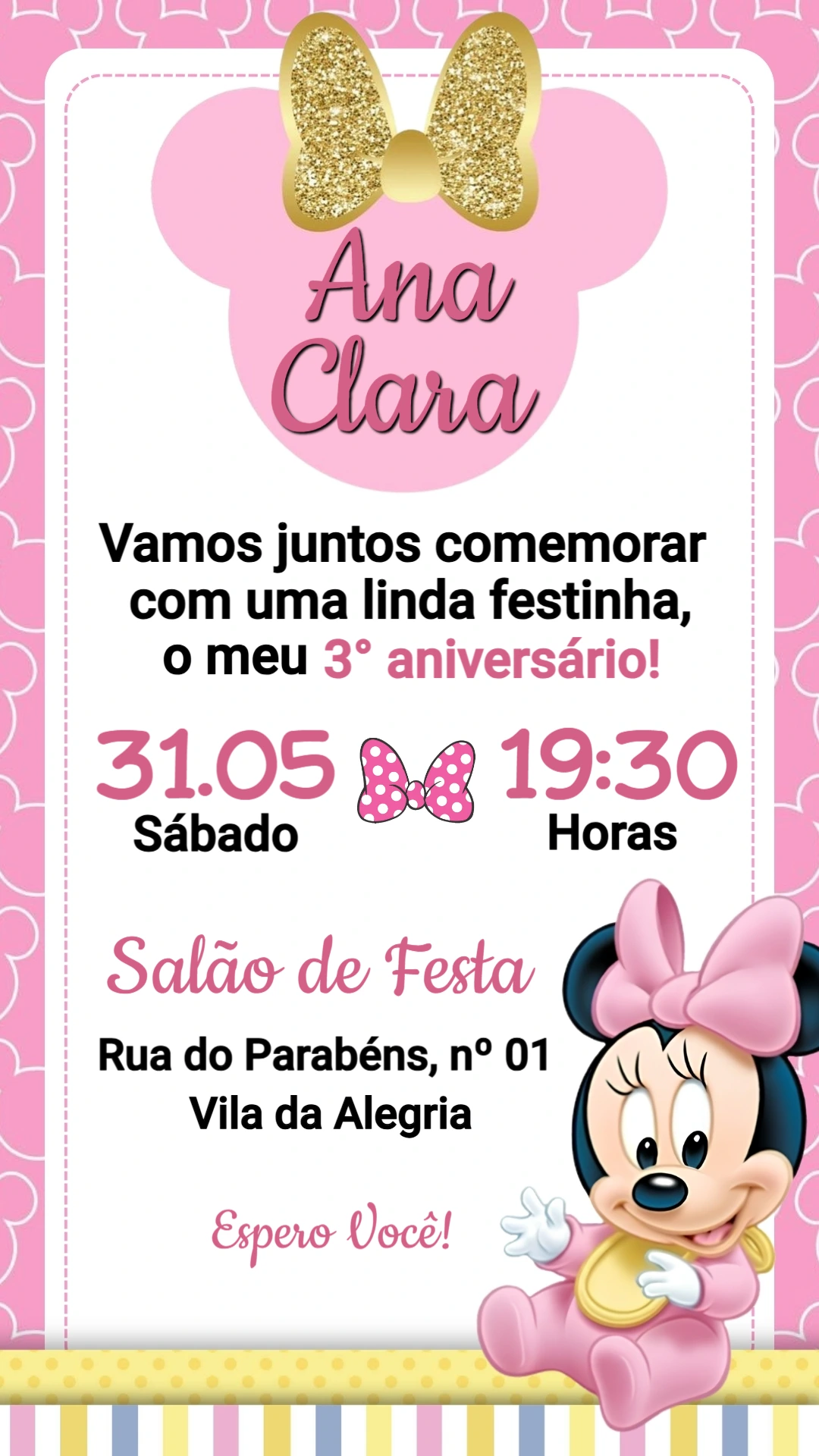 Convite Editável de Aniversário Minnie Baby Rosa e Dourado Convite Editável de Aniversário Minnie Baby Rosa e Dourado
