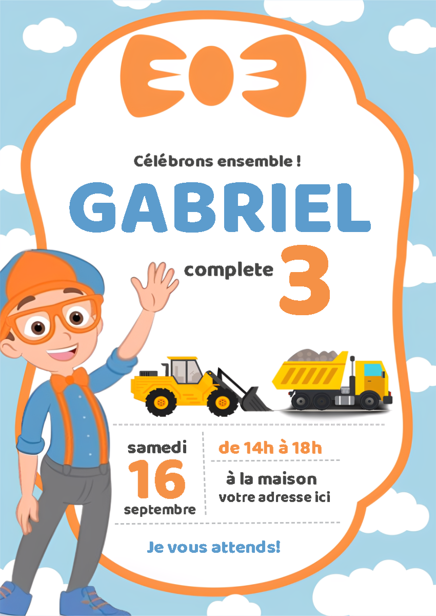 Invitation Anniversaire Blippi et Chantier à Modifier en Ligne
