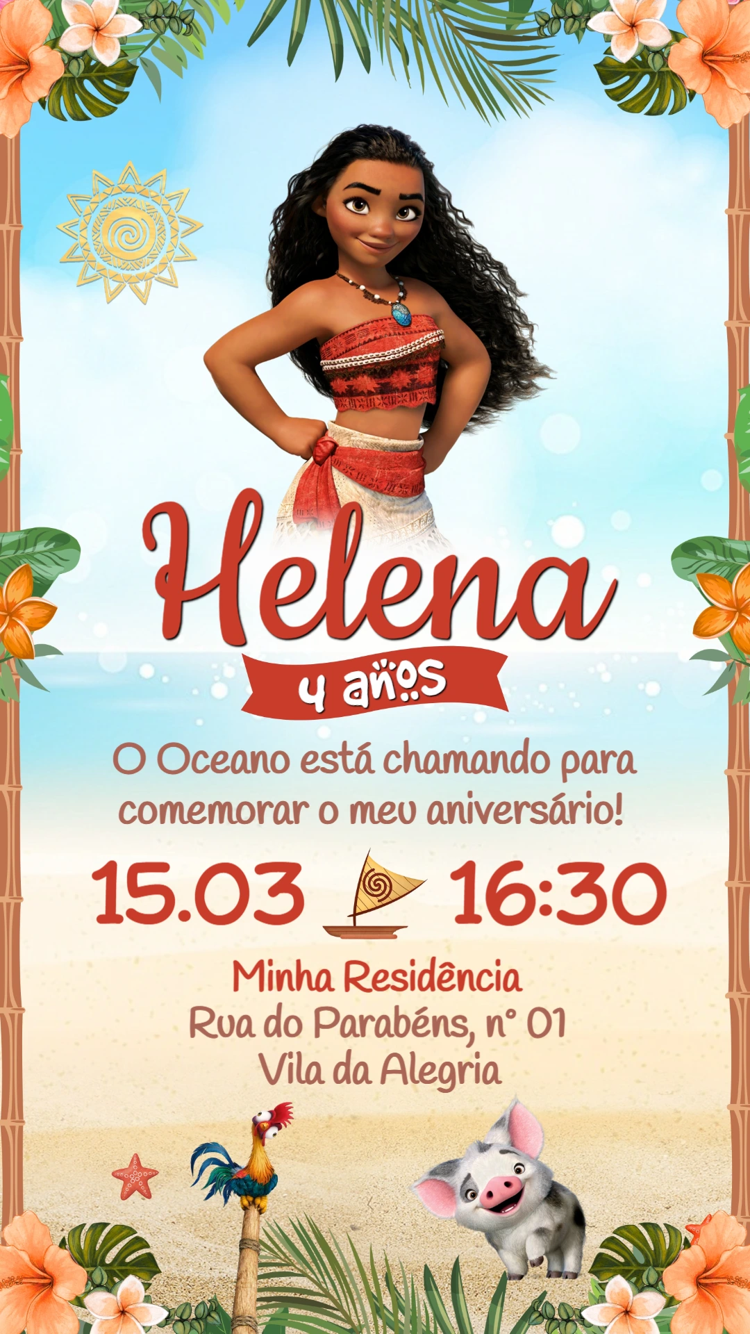 Convite de Aniversário Moana: Modelo Digital Editável Infantil Convite de Aniversário Moana: Modelo Digital Editável Infantil