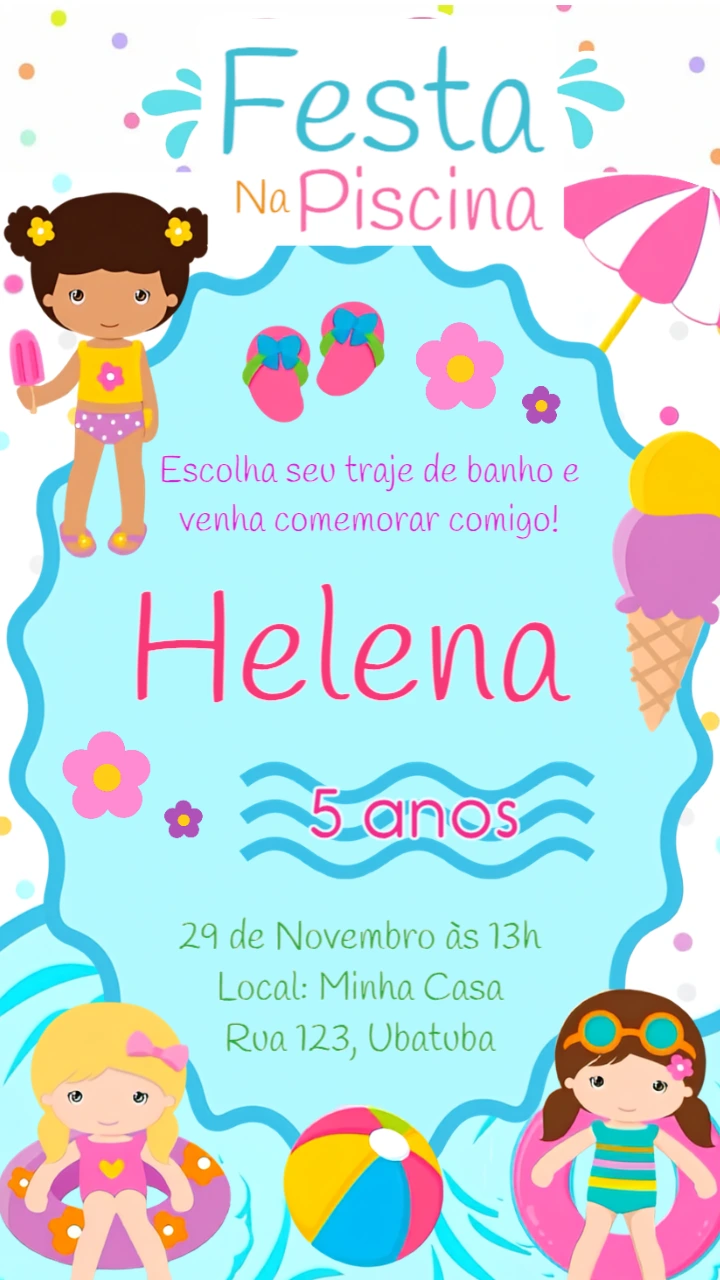 Convite Digital Aniversário Festa na Piscina Menina para Editar Convite Digital Aniversário Festa na Piscina Menina para Editar