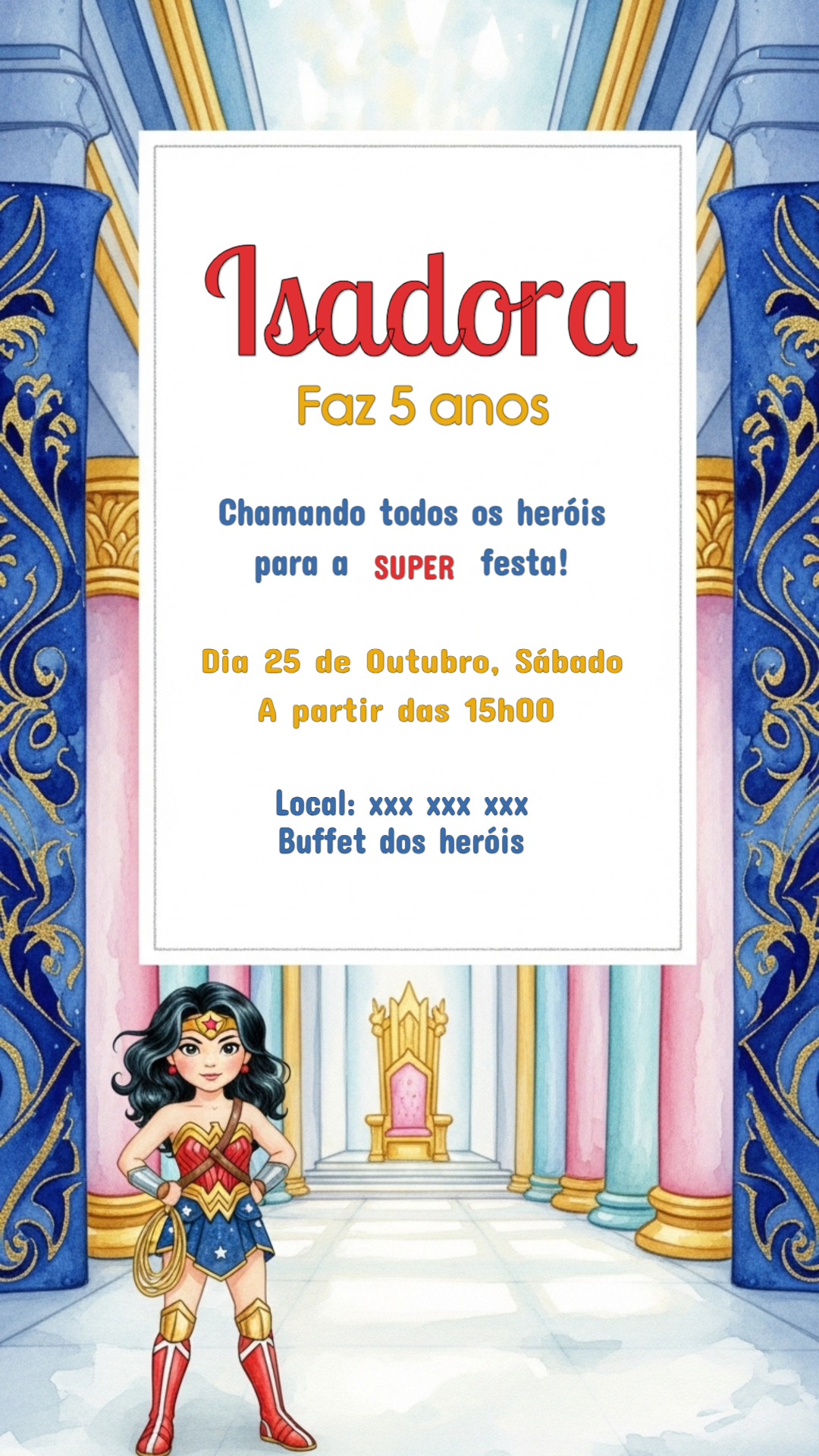 Convite Aniversário Mulher Maravilha para Editar Online