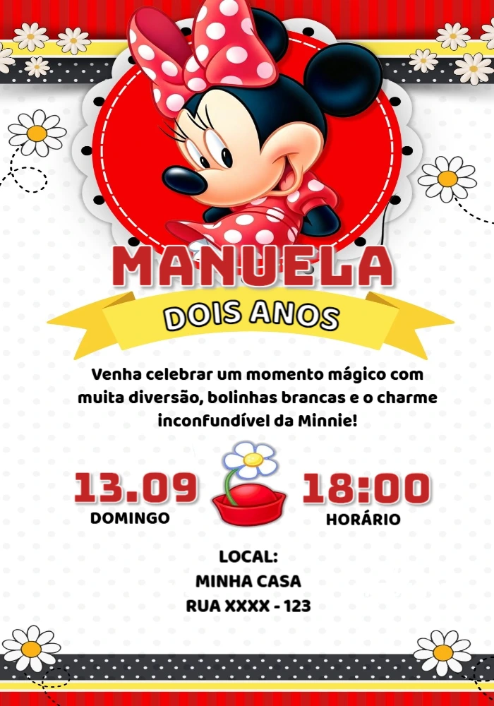 Convite Editável de Aniversário Minnie Vermelha Clássica Convite Editável de Aniversário Minnie Vermelha Clássica