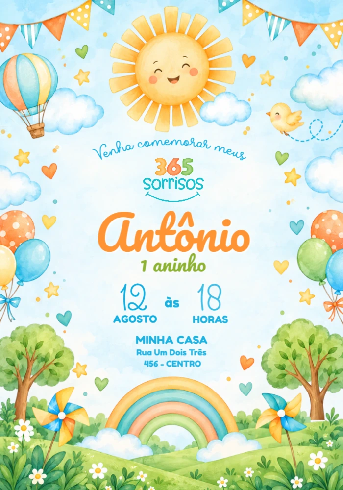 Convite 1º Aninho 365 Sorrisos Primeira Volta ao Sol Editável Convite 1º Aninho 365 Sorrisos Primeira Volta ao Sol Editável