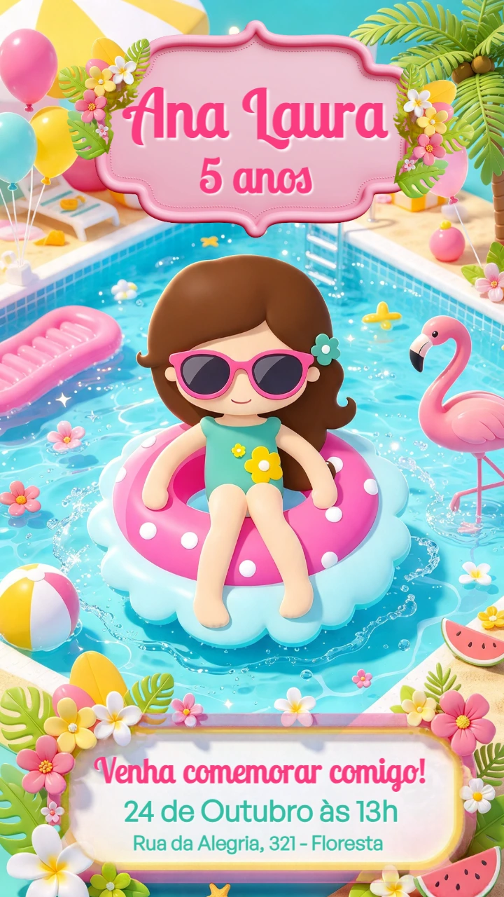 Convite de Aniversário Festa na Piscina Menina 3D Editável Convite de Aniversário Festa na Piscina Menina 3D Editável