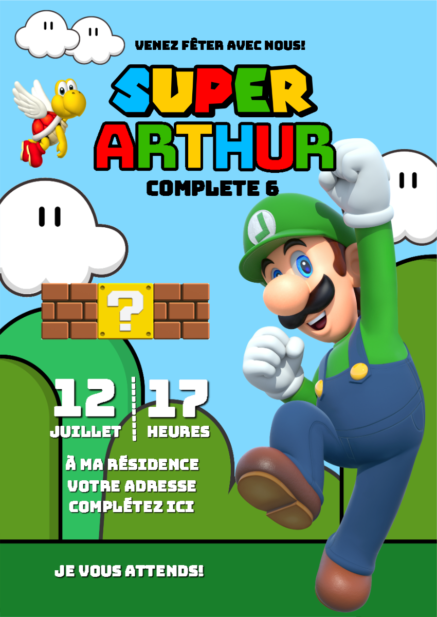 Invitation Anniversaire Super Mario avec Luigi à Éditer en Ligne Invitation Anniversaire Super Mario avec Luigi à Éditer en Ligne
