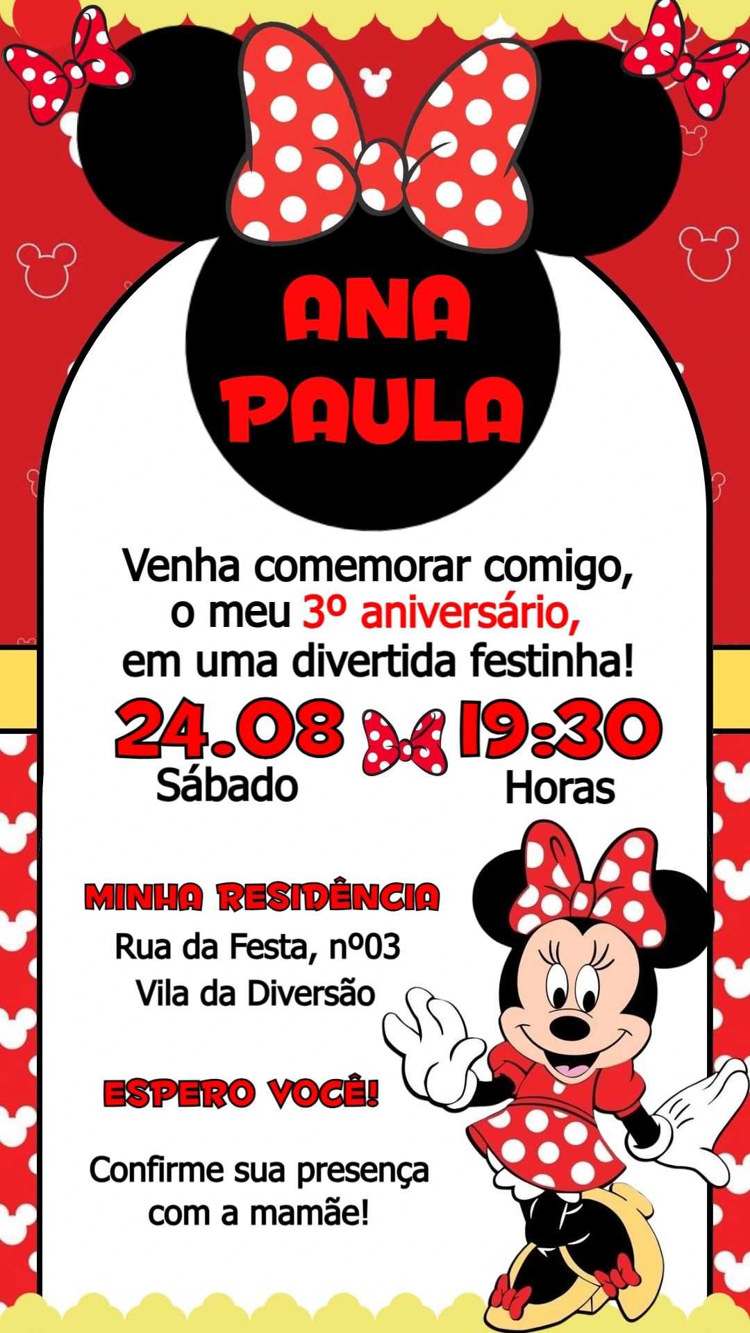 Convite de Aniversário Minnie Vermelha para Editar Convite de Aniversário Minnie Vermelha para Editar