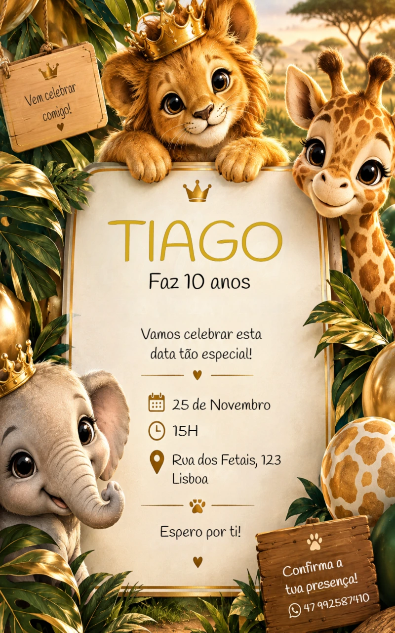 Convite Rei Leão Safari Premium: Modelo de Aniversário Editável Convite Rei Leão Safari Premium: Modelo de Aniversário Editável