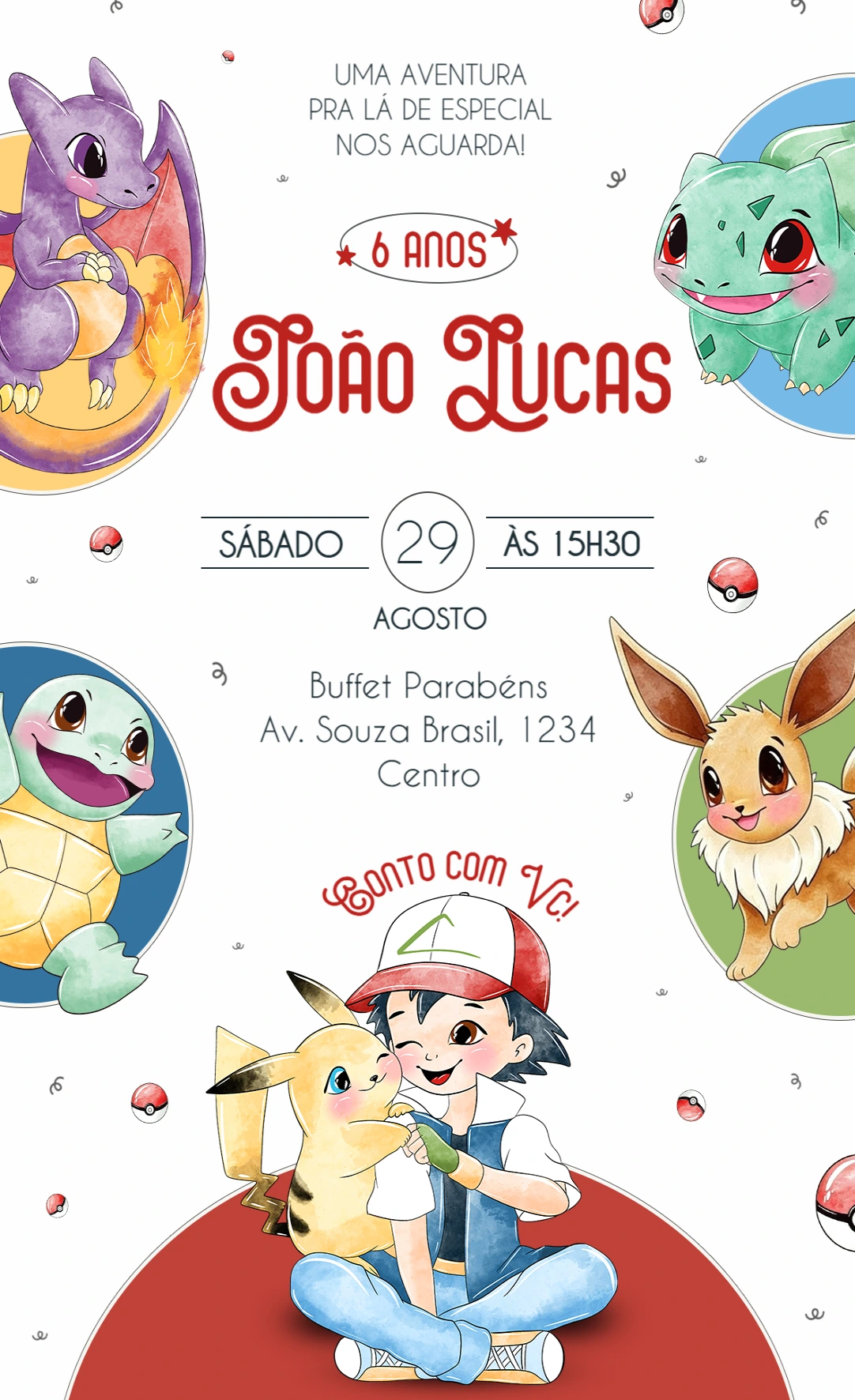 Convite de Aniversário Pokémon Aquarelado para Editar Convite de Aniversário Pokémon Aquarelado para Editar