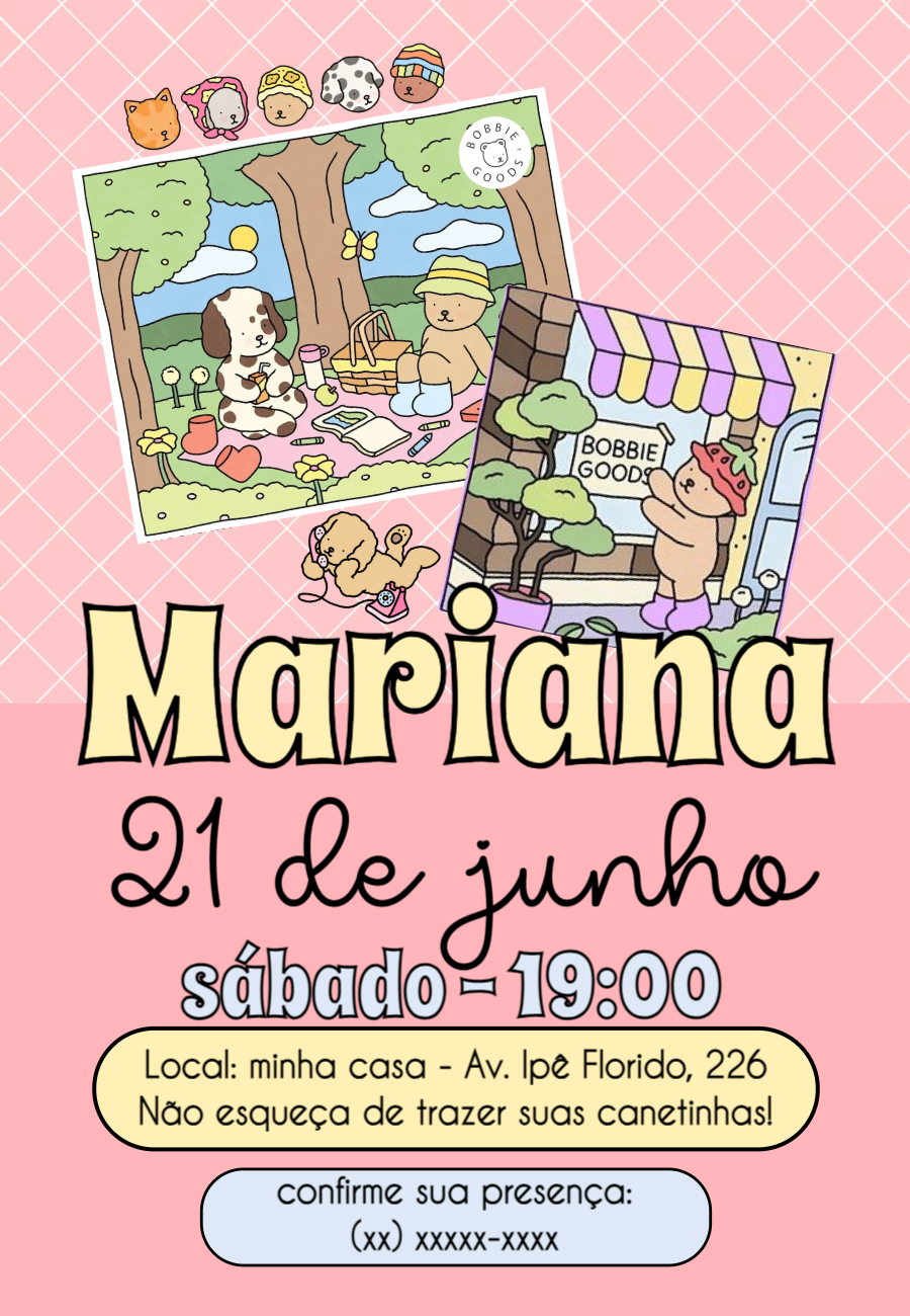 Convite de Aniversário com Desenhos Fofos para Editar Online Convite de Aniversário com Desenhos Fofos para Editar Online