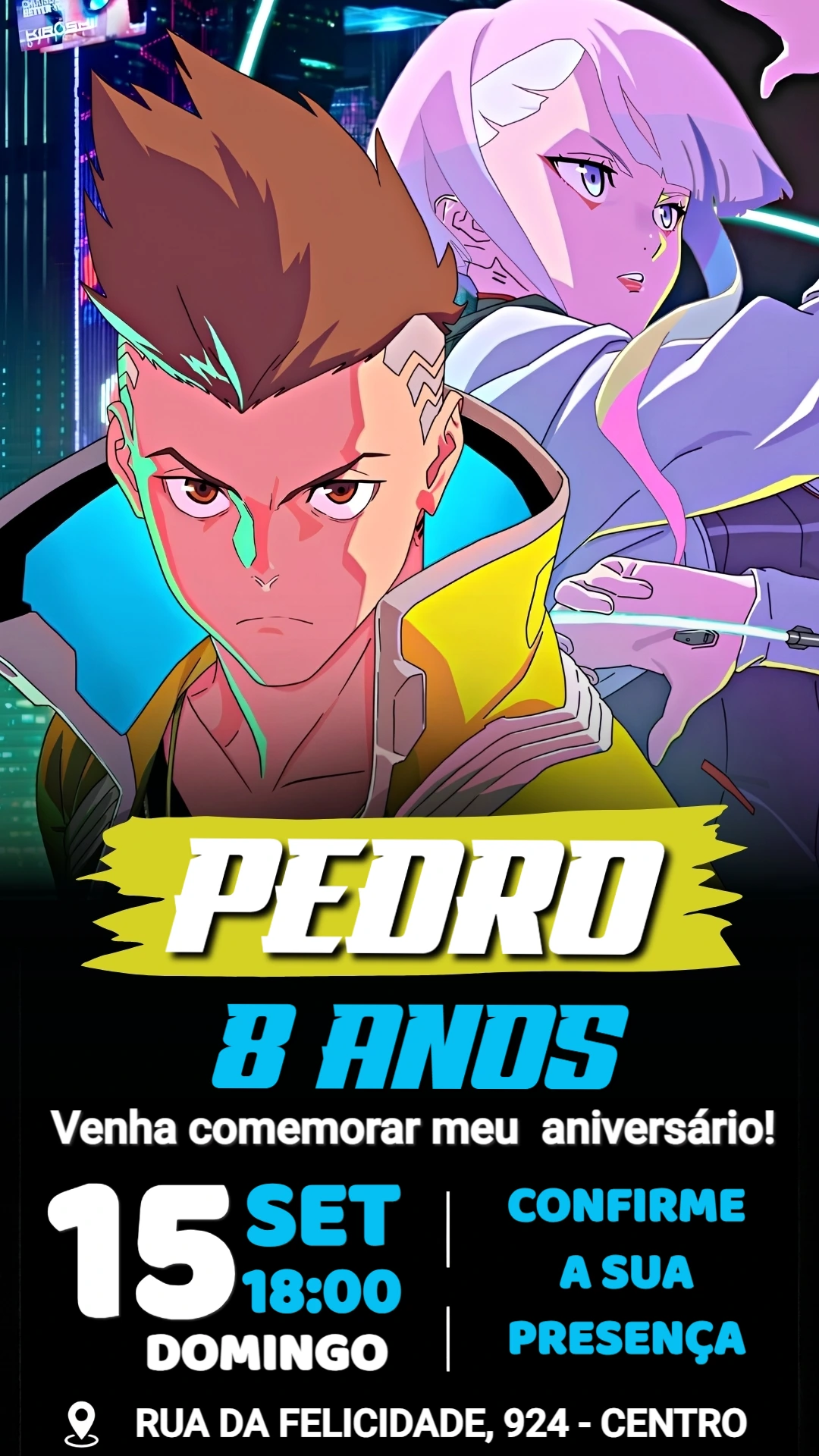 Convite de Aniversário Cyberpunk: Modelo Editável Online Convite de Aniversário Cyberpunk: Modelo Editável Online