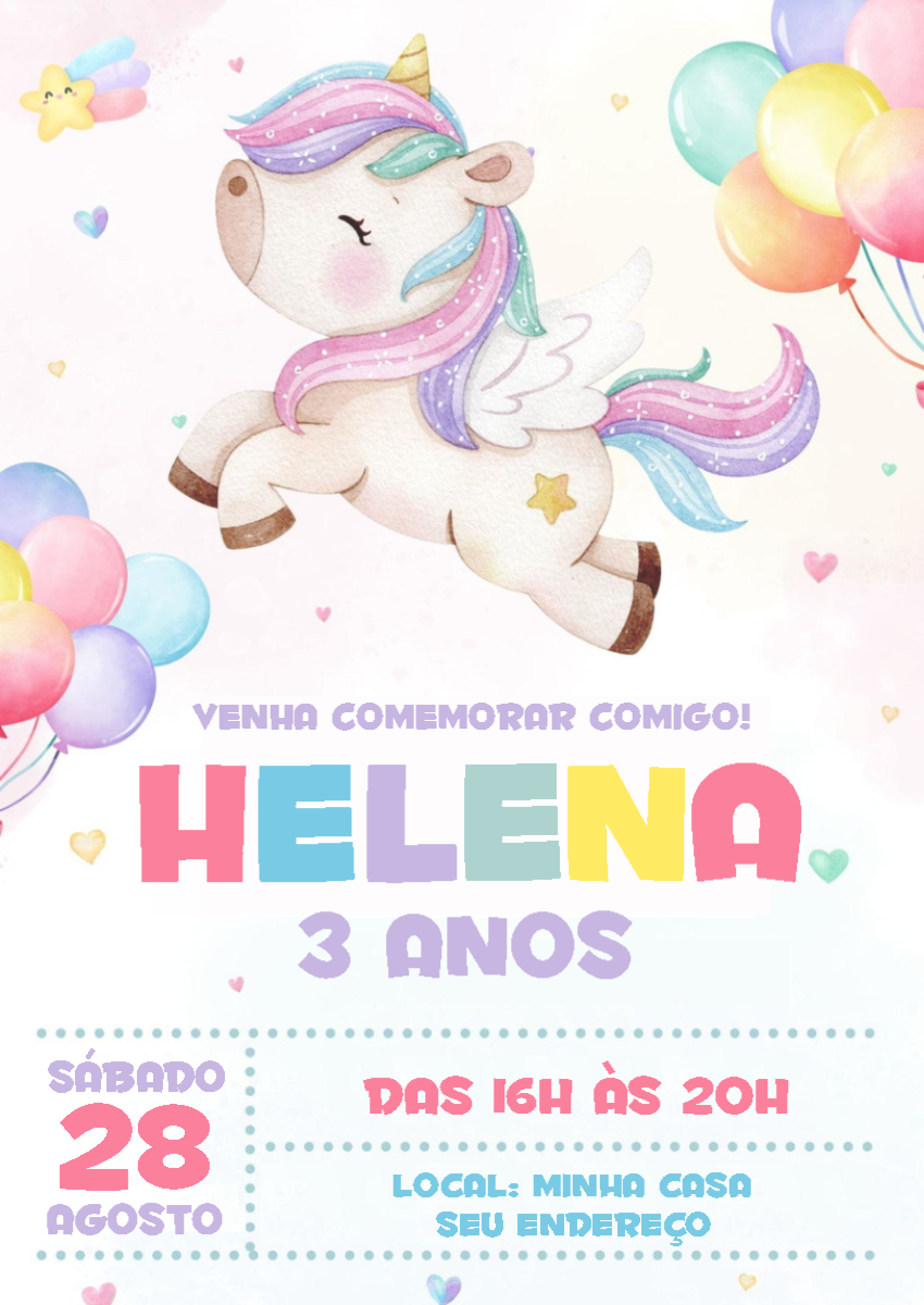 Convite de Aniversário Unicórnio Fofo para Editar Online