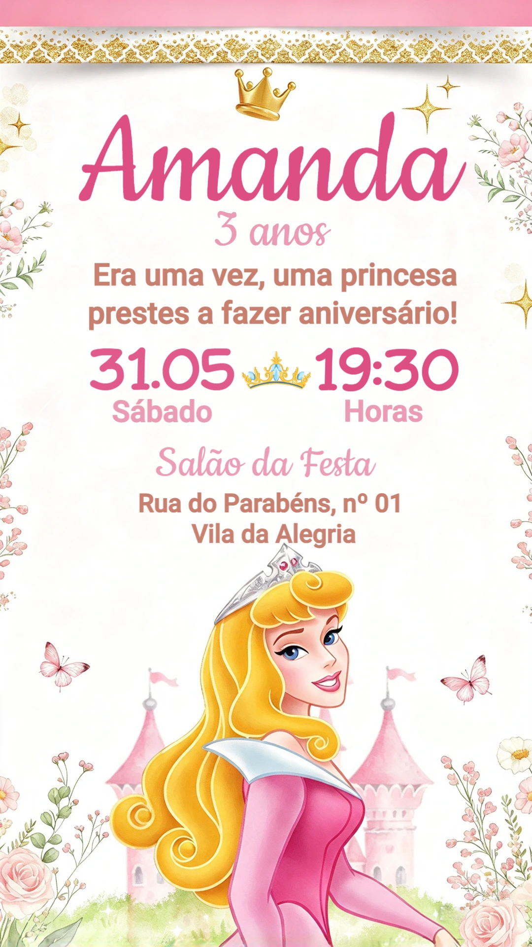 Convite de Aniversário Princesa Aurora: Modelo Editável Convite de Aniversário Princesa Aurora: Modelo Editável