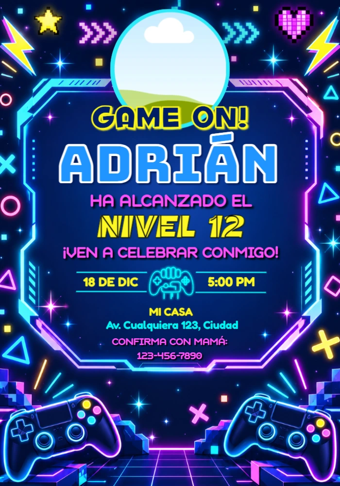 Invitación de Cumpleaños Gamer Estilo Neón para Editar Invitación de Cumpleaños Gamer Estilo Neón para Editar