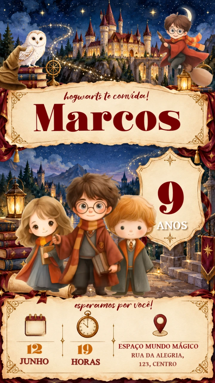 Convite Digital Harry Potter: Modelo Editável para Aniversário Convite Digital Harry Potter: Modelo Editável para Aniversário