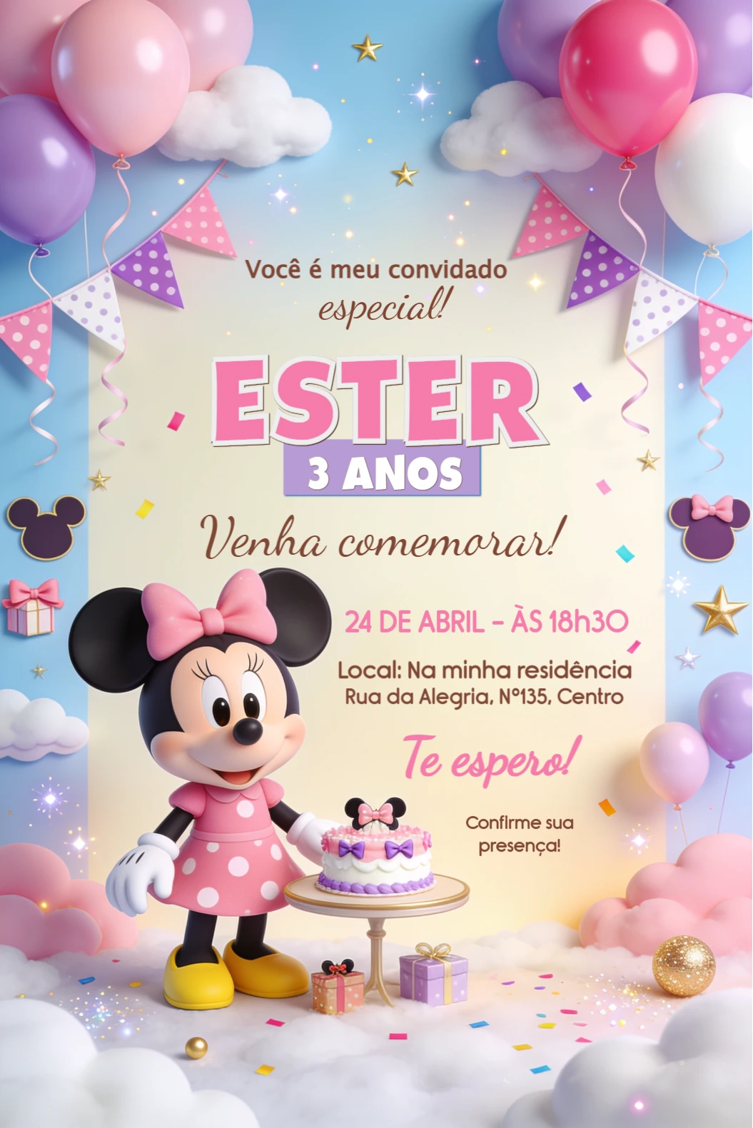 Convite de Aniversário Minnie Rosa Digital para Editar Convite de Aniversário Minnie Rosa Digital para Editar