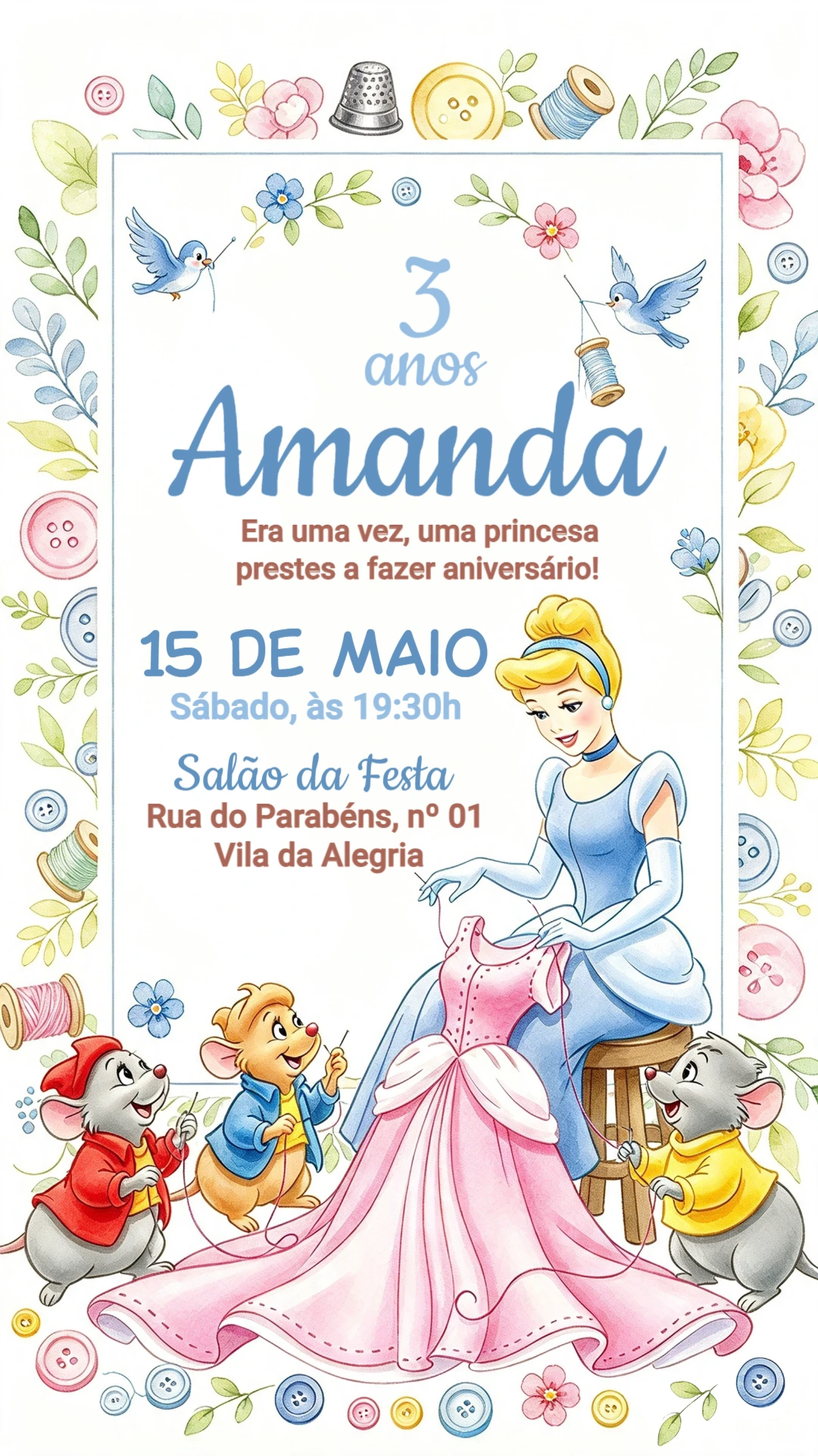 Convite de Aniversário Cinderela Aquarela para Editar Convite de Aniversário Cinderela Aquarela para Editar
