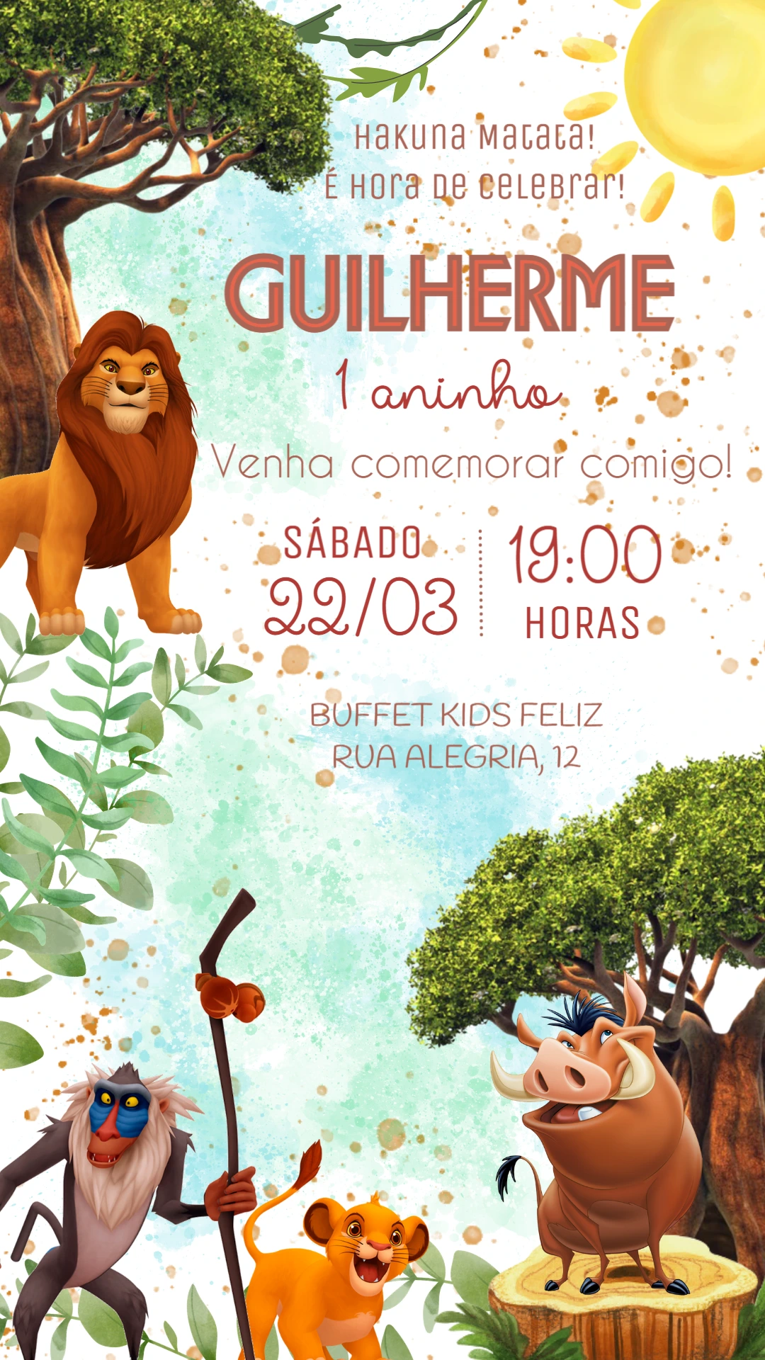 Convite Digital O Rei Leão: Modelo Editável para Aniversário Convite Digital O Rei Leão: Modelo Editável para Aniversário