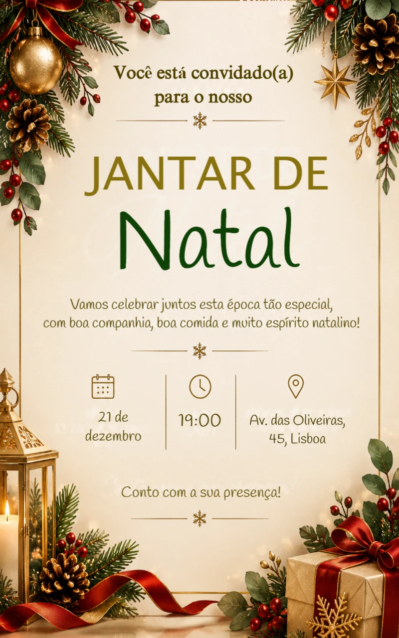 Convite Digital Jantar de Natal Elegante para Editar Convite Digital Jantar de Natal Elegante para Editar